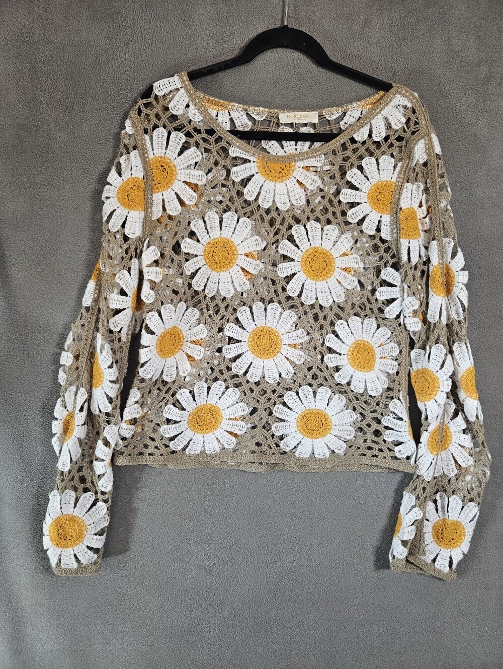 REBELLION Daisy Crochet Floral Long Flared Sleeve Cropped Shirt Medium Open Knit